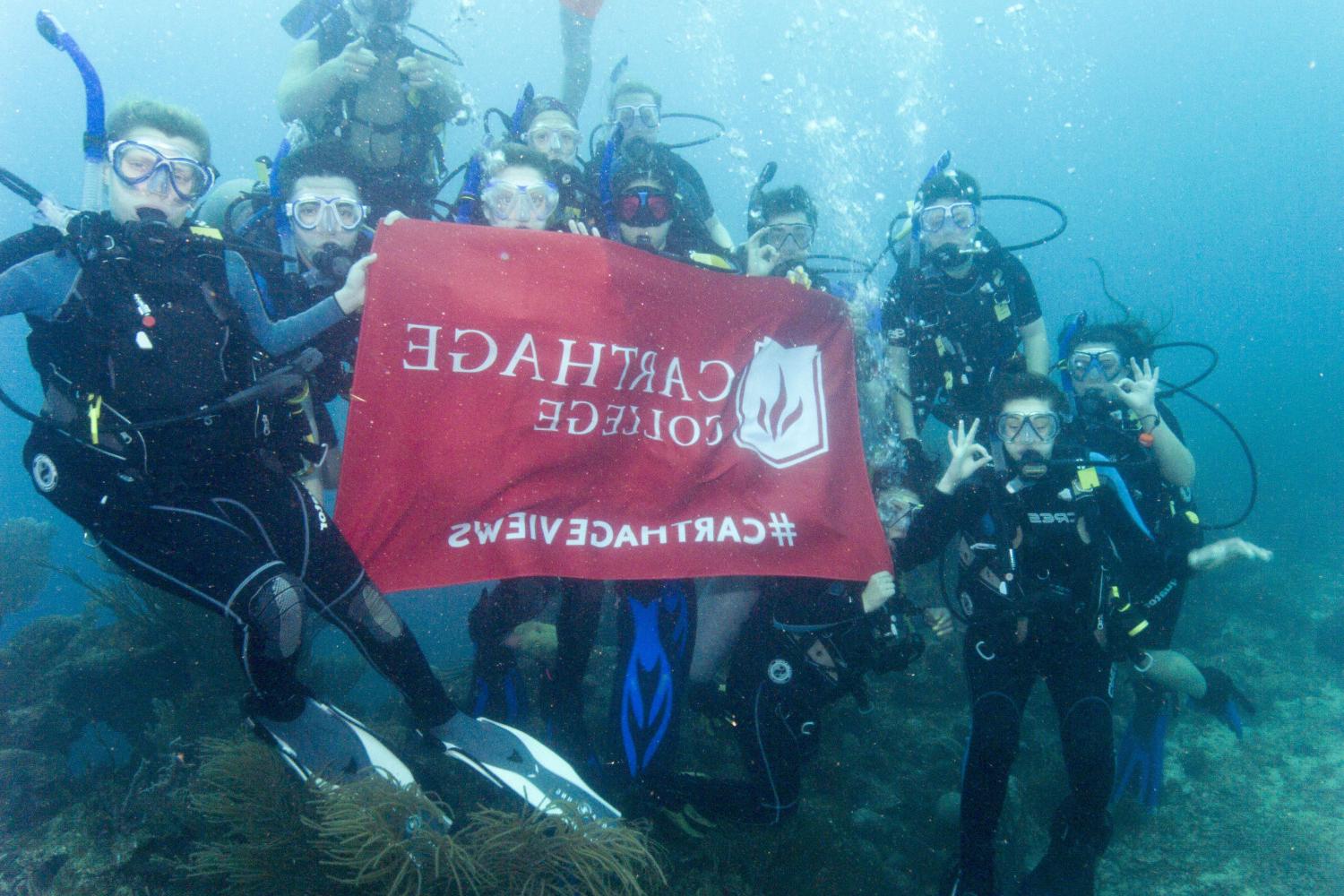 学生们手持<a href='http://jnhllu.uzmankampi.net'>全球十大赌钱排行app</a>旗帜，在j学期洪都拉斯游学之旅中潜水.